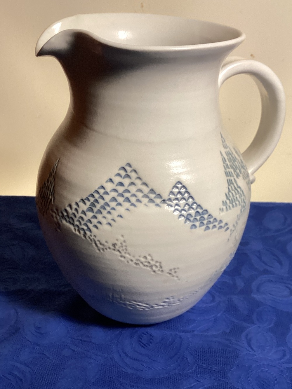 Vintage Blue and White Stoneware Signed Artisan “Pitcher”. Beautiful.